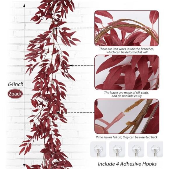 Artificial Hanging Willow Leaves Vine Twigs 2Pcs 5.7Ft Fake Silk Burgundy Leaf - Picture 6 of 7